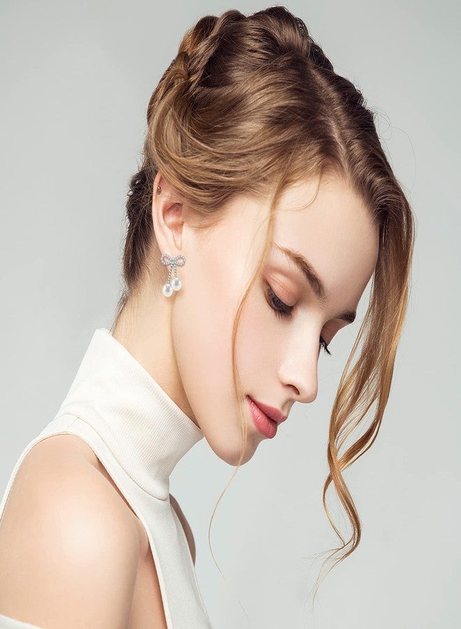 PLwelth Rhinestone Bow Earrings for Women Cute Pearl Drop Dangle Earrings Sparkle Sliver Tassel Earring Bow Statement Earring for Wedding Bridal Prom Birthday Christmas Gifts Stocking Stuffers - Image 5